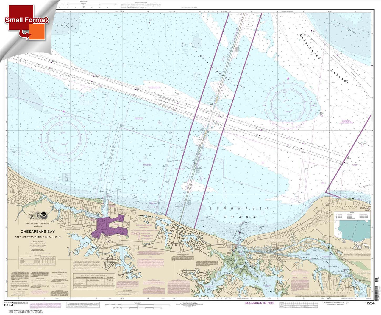 Small Format NOAA Chart 12254: Chesapeake Bay Cape Henry to Thimble Shoal Light