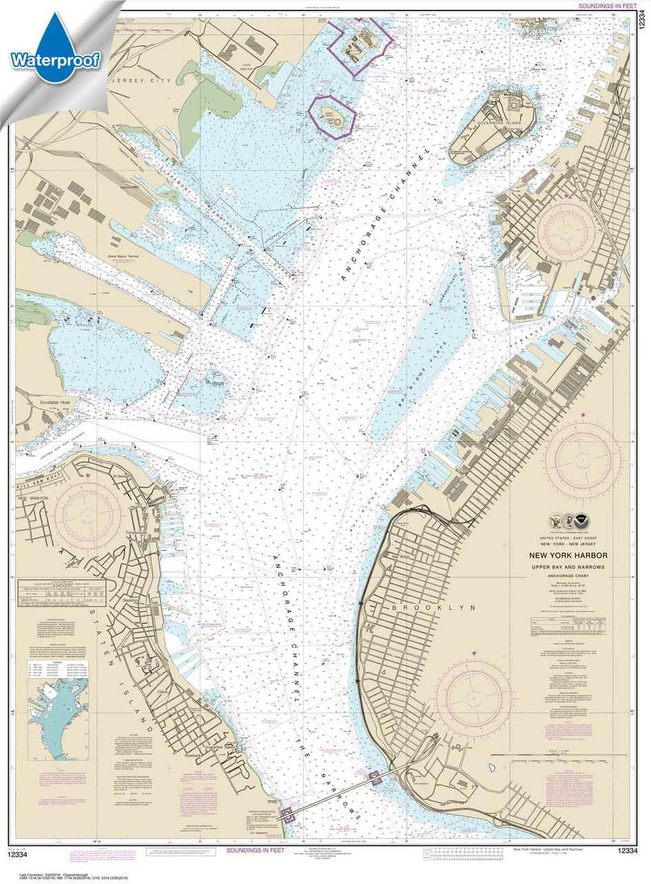 Waterproof NOAA Chart 12334: New York Harbor Upper Bay and Narrows-Anchorage Chart