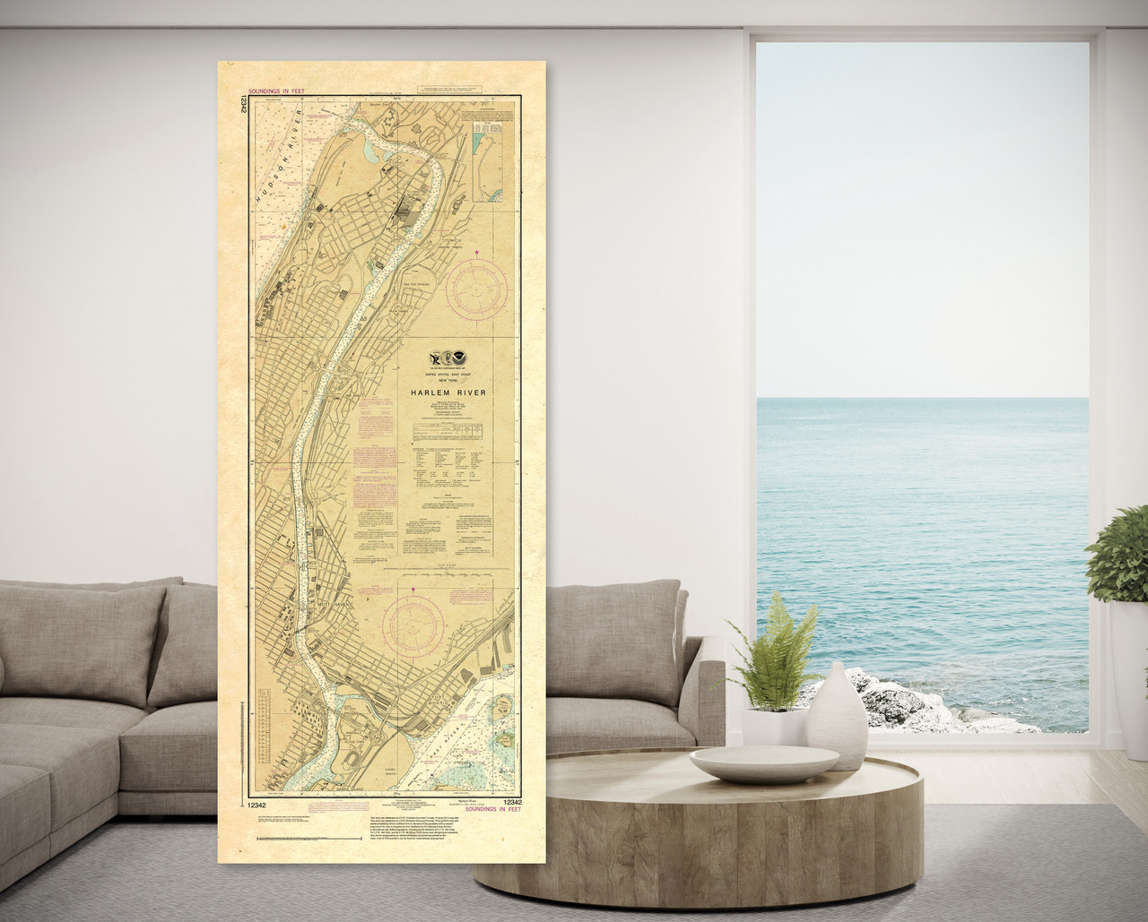 ANTIQUED NOAA Chart 12342: Harlem River