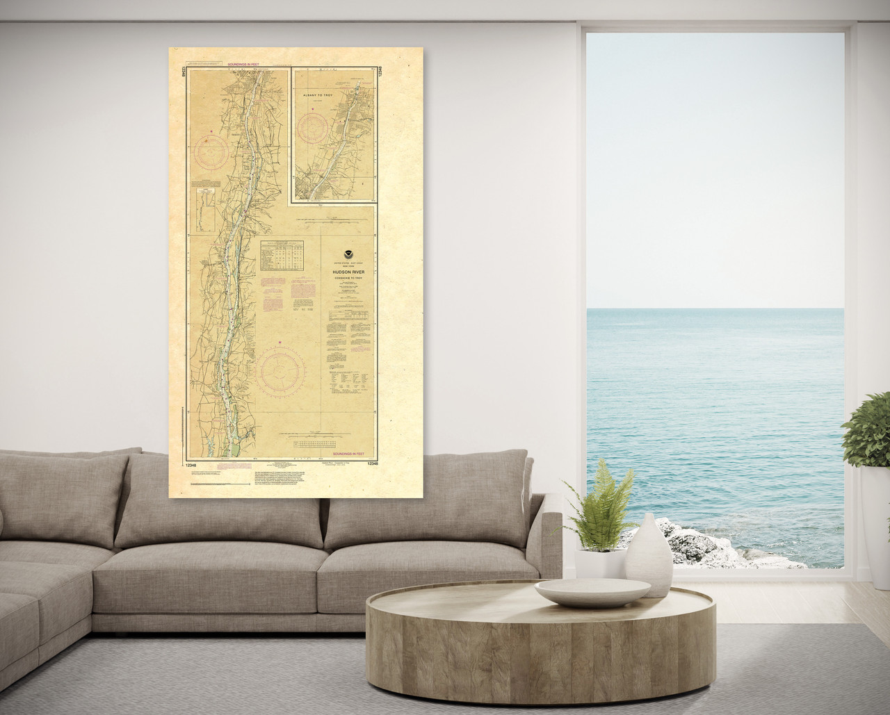 ANTIQUED NOAA Chart 12348: Hudson River Coxsackie to Troy