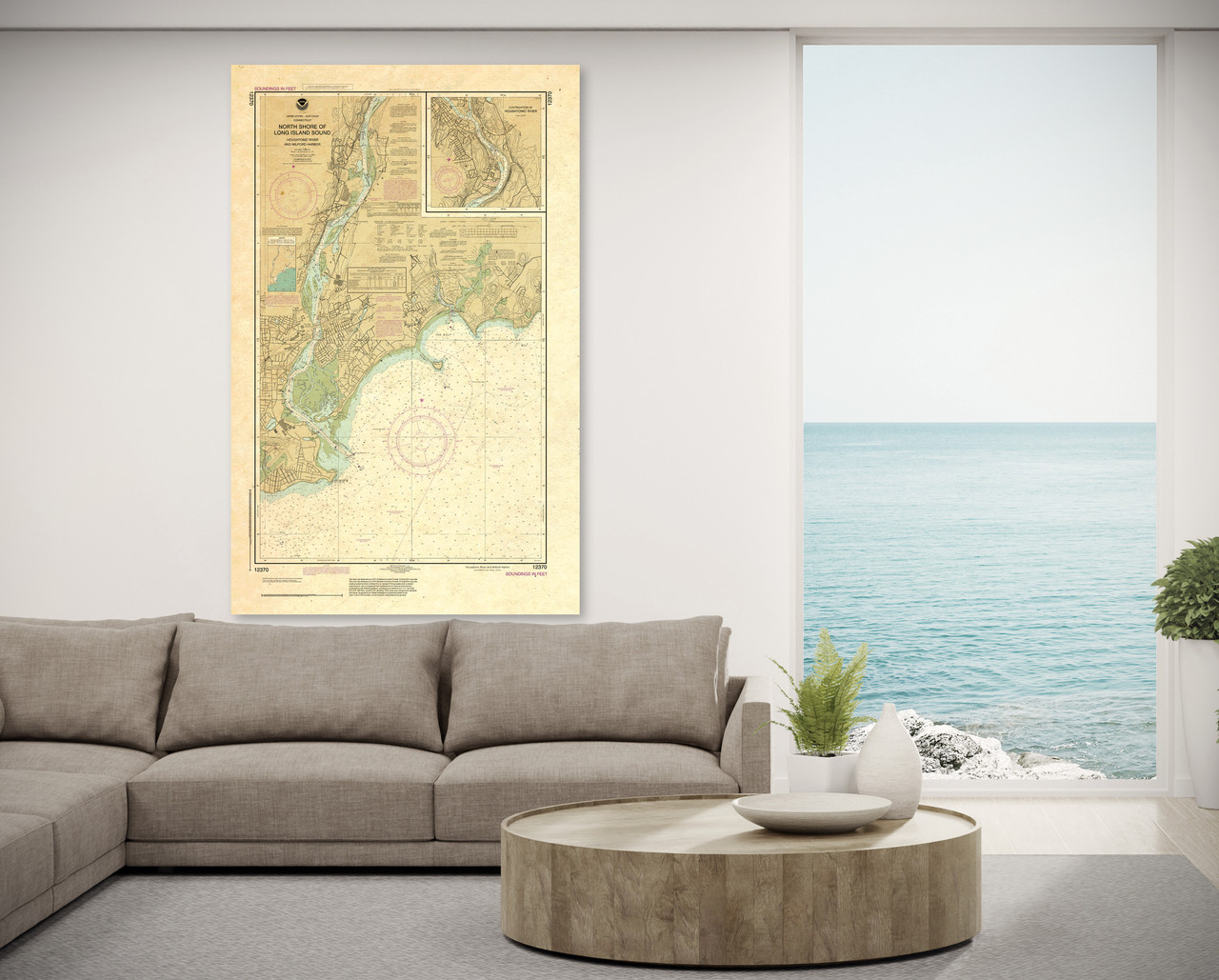 ANTIQUED NOAA Chart 12370: North Shore of Long Island Sound Housatonic River and Milford Harbor