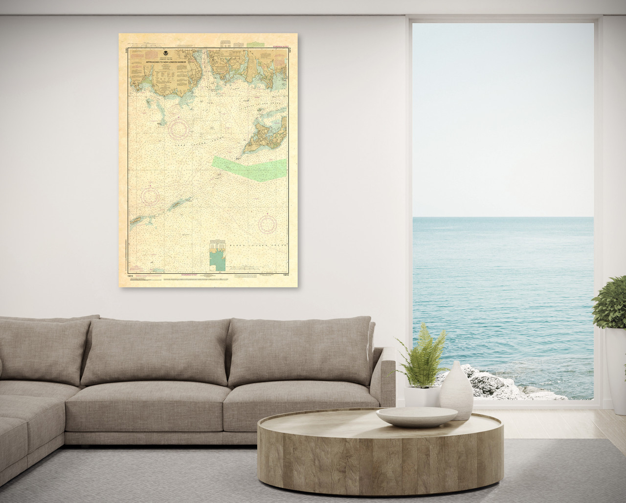 ANTIQUED NOAA Chart 13212: Approaches to New London Harbor