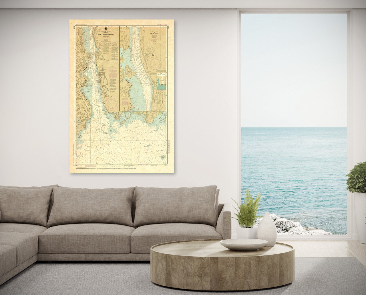 ANTIQUED NOAA Chart 13213: New London Harbor and Vicinity; Bailey Point to Smith Cove
