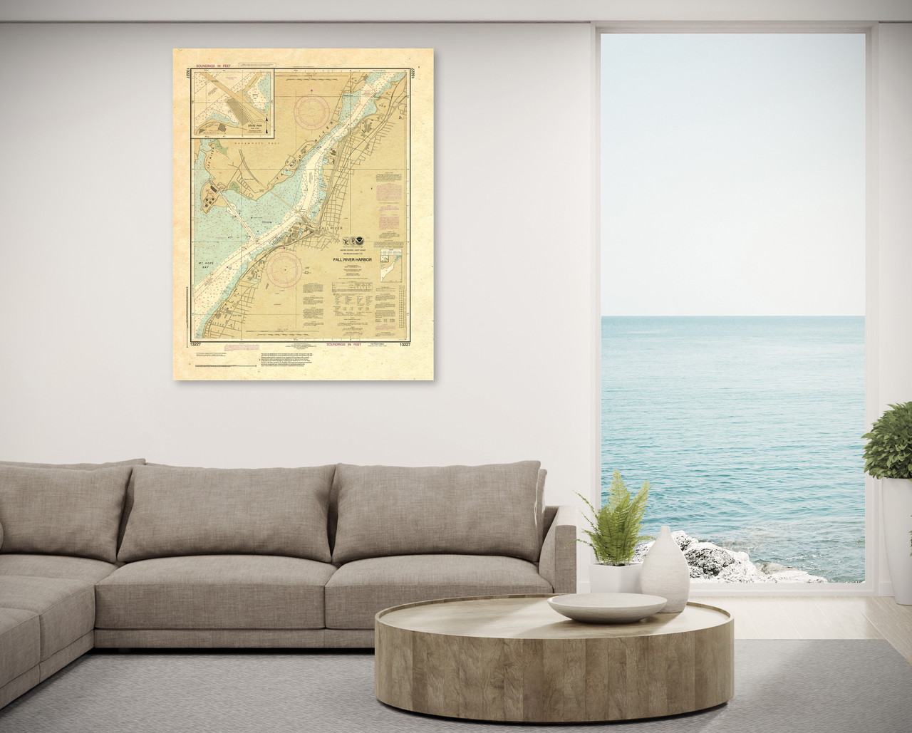 ANTIQUED NOAA Chart 13227: Fall River Harbor; State Pier