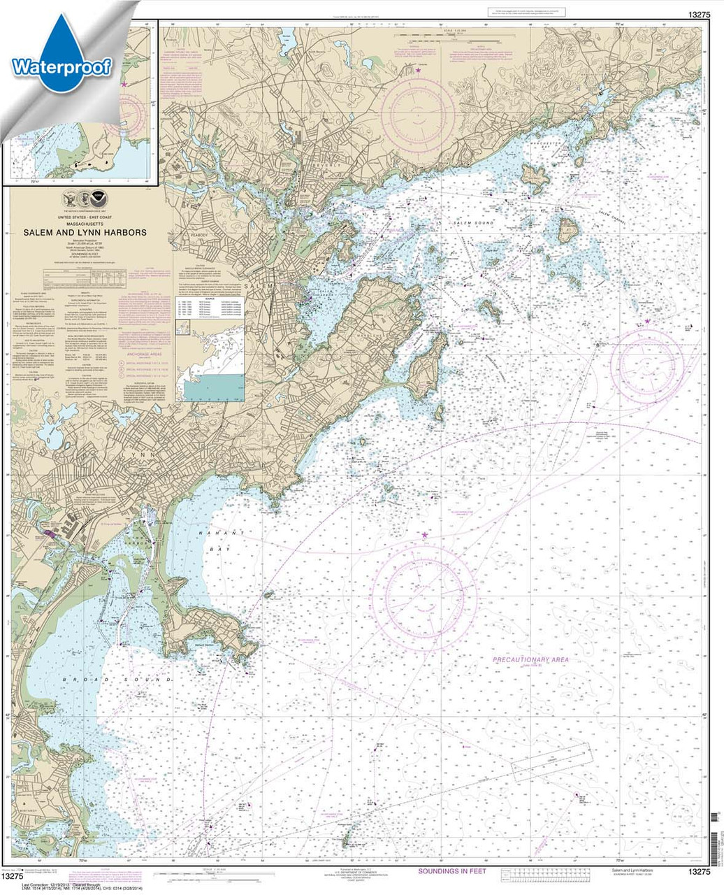 Waterproof NOAA Chart 13275: Salem and Lynn Harbors; Manchester Harbor