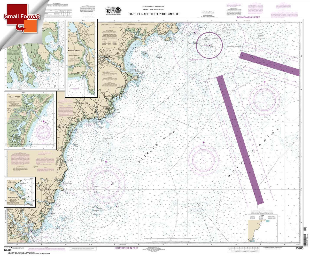 Small Format NOAA Chart 13286: Cape Elizabeth to Portsmouth; Cape Porpoise Harbor; Wells Harbor; Kennebunk River; Perkins Cove