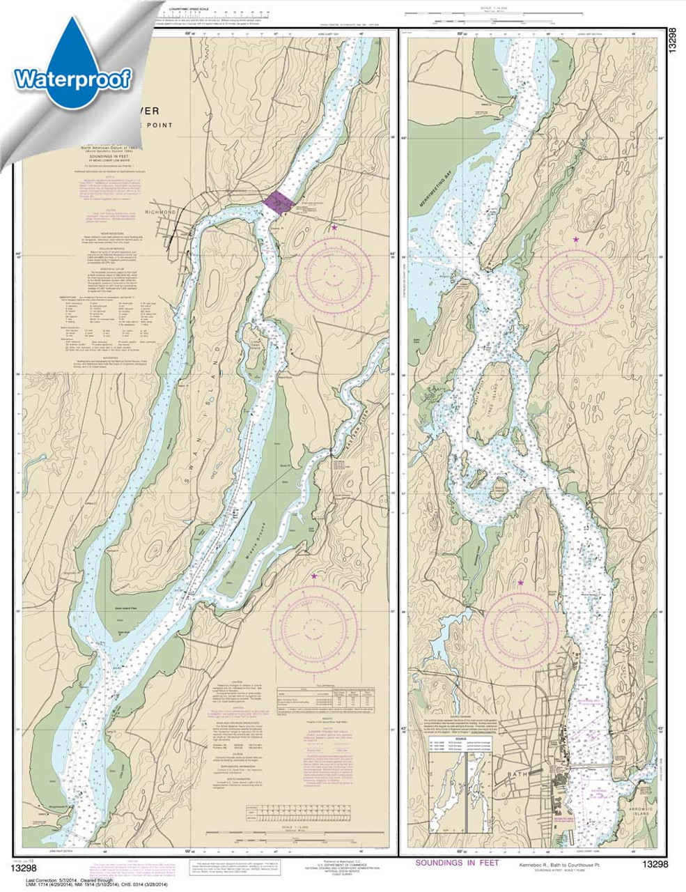 Waterproof NOAA Chart 13298: Kennebec River Bath to Courthouse Point
