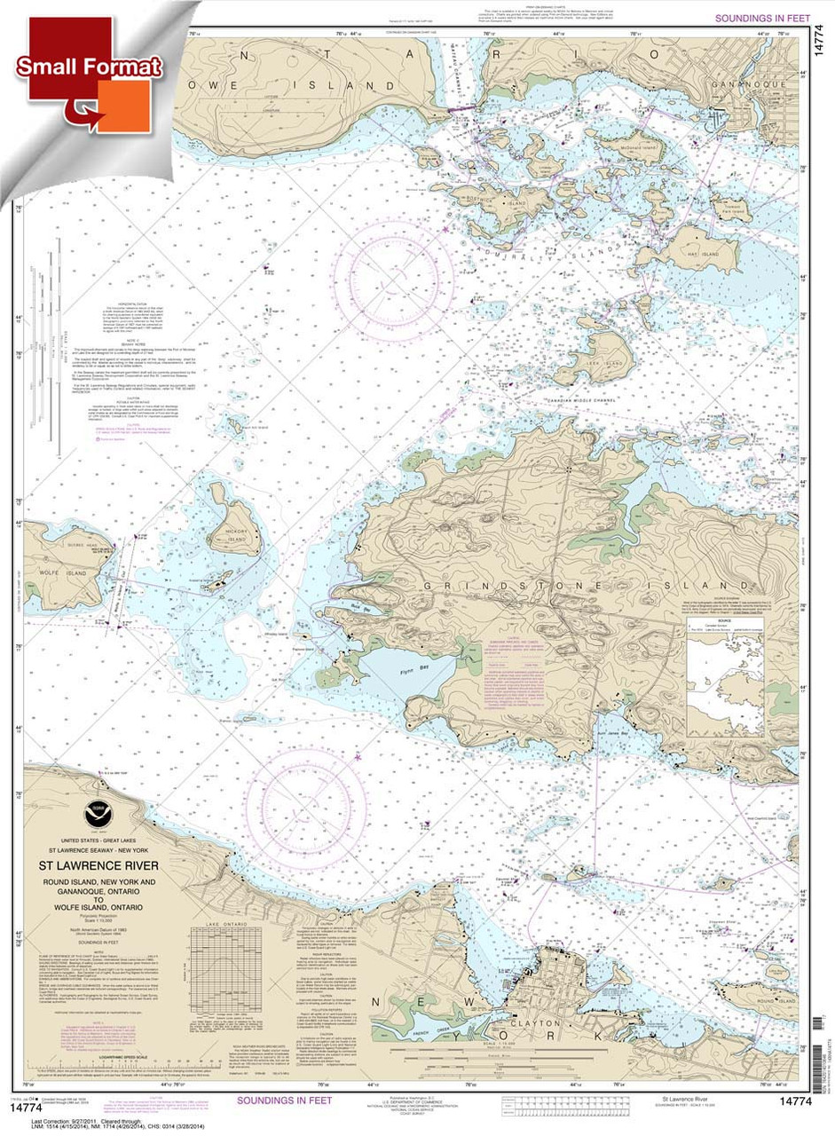 HISTORICAL SMALL FORMAT NOAA Chart 14774: Round I.: N.Y.: and Gananoque: Ont.: to Wolfe I.: Ont.