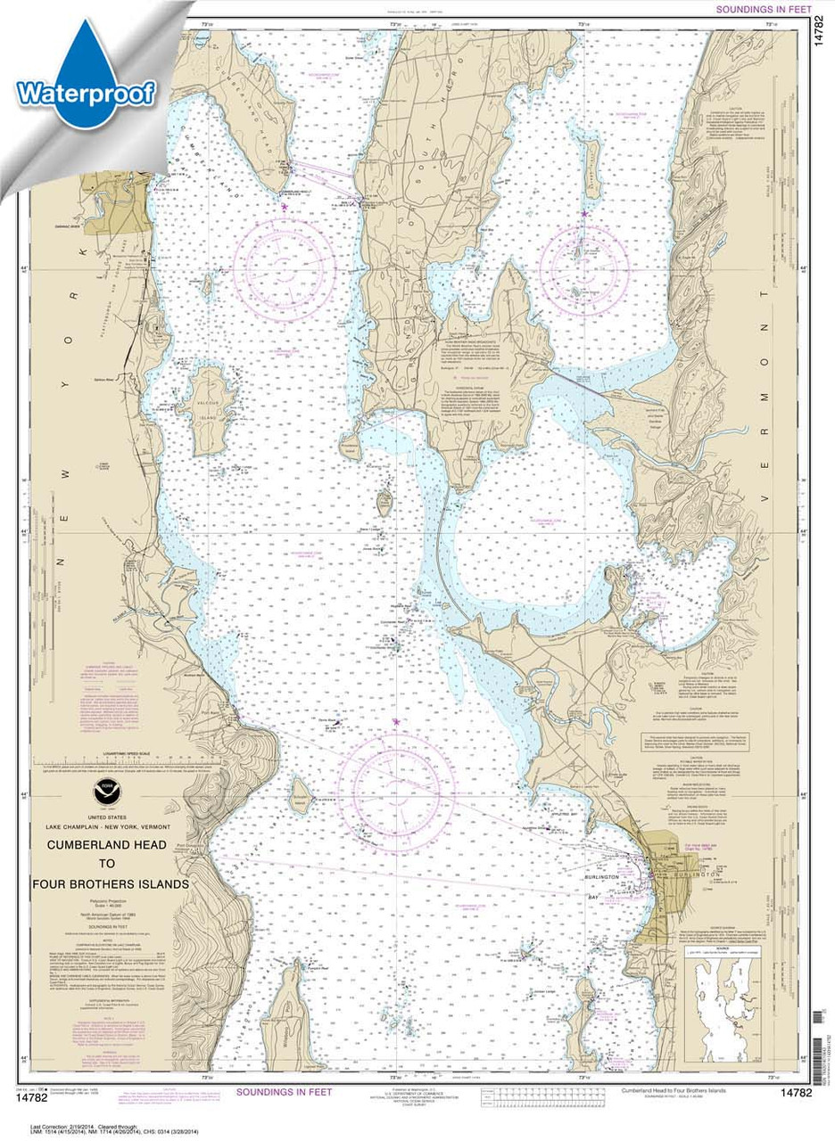 Waterproof HISTORICAL NOAA Chart 14782: Cumberland Head to Four Brothers Islands
