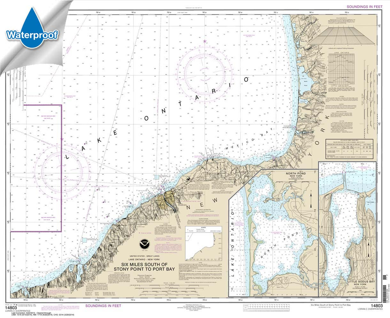 HISTORICAL WATERPROOF NOAA Chart 14803: Six Miles south of Stony Point to Port Bay;North Pond;Little Sodus Bay