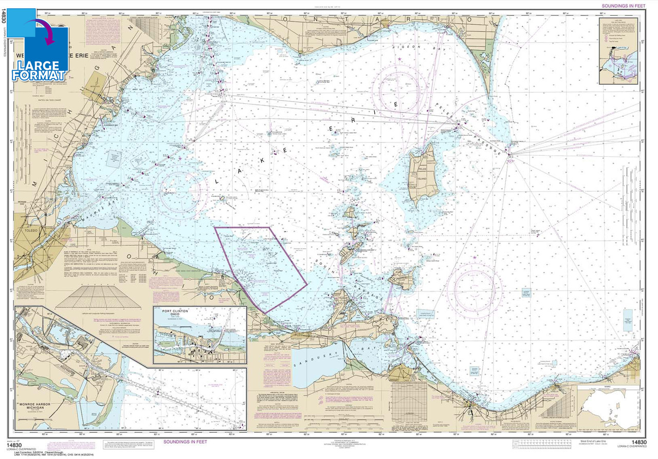 Large Format NOAA Chart 14830: West End of Lake Erie; Port Clinton Harbor; Monroe Harbor; Lorain to Detriot River; Vermilion