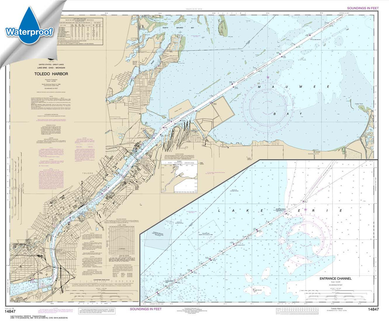 Waterproof NOAA Chart 14847: Toledo Harbor;Entrance Channel to Harbor