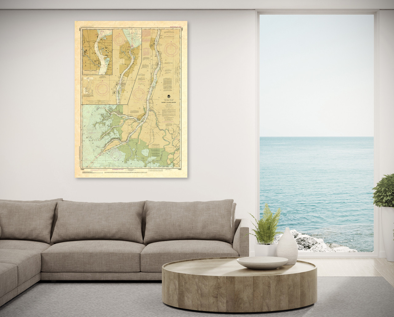 ANTIQUED NOAA Chart 14852: St. Clair River; Head of St. Clair River