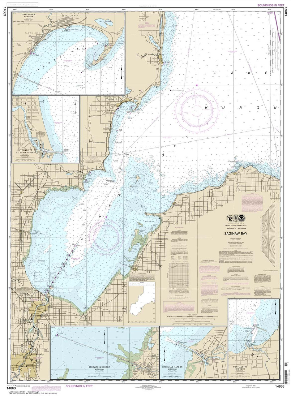 NOAA Chart 14863: Saginaw Bay;Port Austin Harbor;Caseville Harbor;Entrance to Au Sable River;Sebewaing Harbor;Tawas Harbor