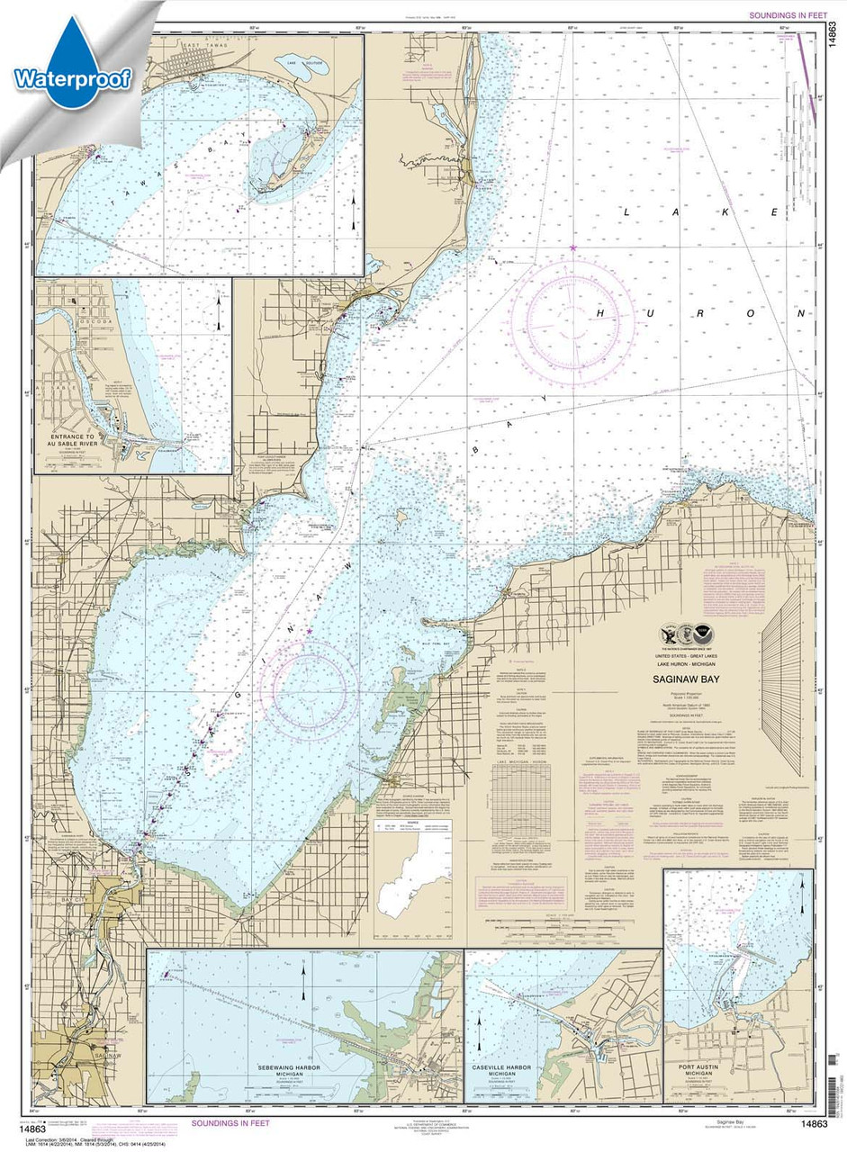 Waterproof NOAA Chart 14863: Saginaw Bay;Port Austin Harbor;Caseville Harbor;Entrance to Au Sable River;Sebewaing Harbor;Tawas Harbor