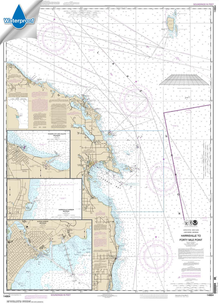Waterproof NOAA Chart 14864: Harrisville to Forty Mile Point;Harrisville Harbor;Alpena;Rogers City and Calcite