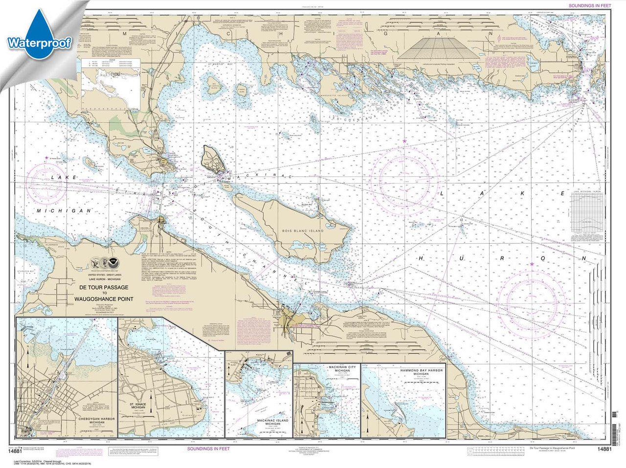 Waterproof NOAA Chart 14881: Detour Passage to Waugoshance Pt.;Hammond Bay Harbor;Mackinac Island;Cheboygan;Mackinaw City;St. lgnace