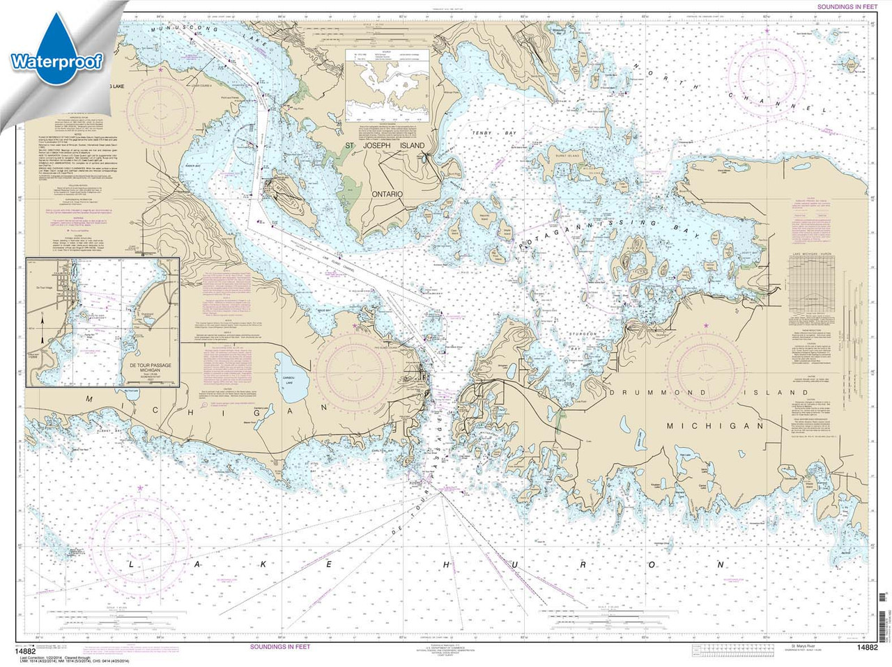 Waterproof NOAA Chart 14882: St. Mars River - Detour Passage to Munuscong Lake;Detour Passage