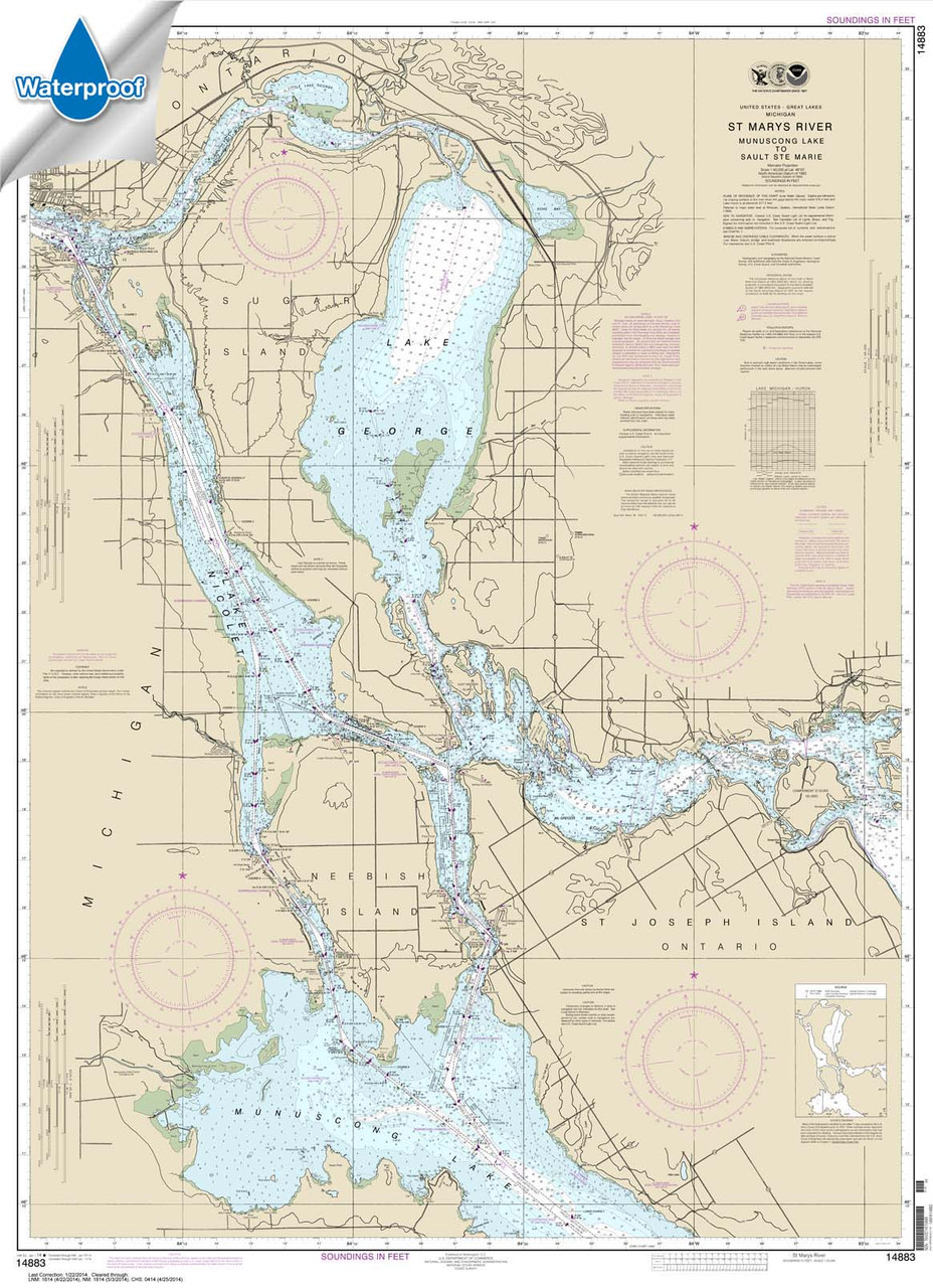 HISTORICAL WATERPROOF NOAA Chart 14883: St. Marys River - Munuscong Lake to Sault Ste. Marie