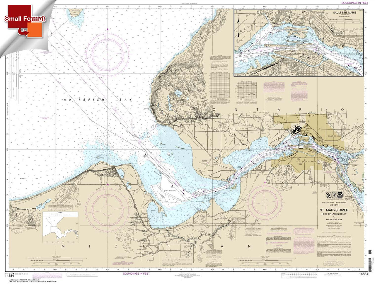 Small Format NOAA Chart 14884: St. Marys River - Head of Lake Nicolet to Whitefish Bay;Sault Ste. Marie