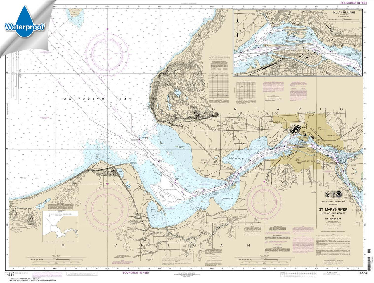 Waterproof NOAA Chart 14884: St. Marys River - Head of Lake Nicolet to Whitefish Bay;Sault Ste. Marie