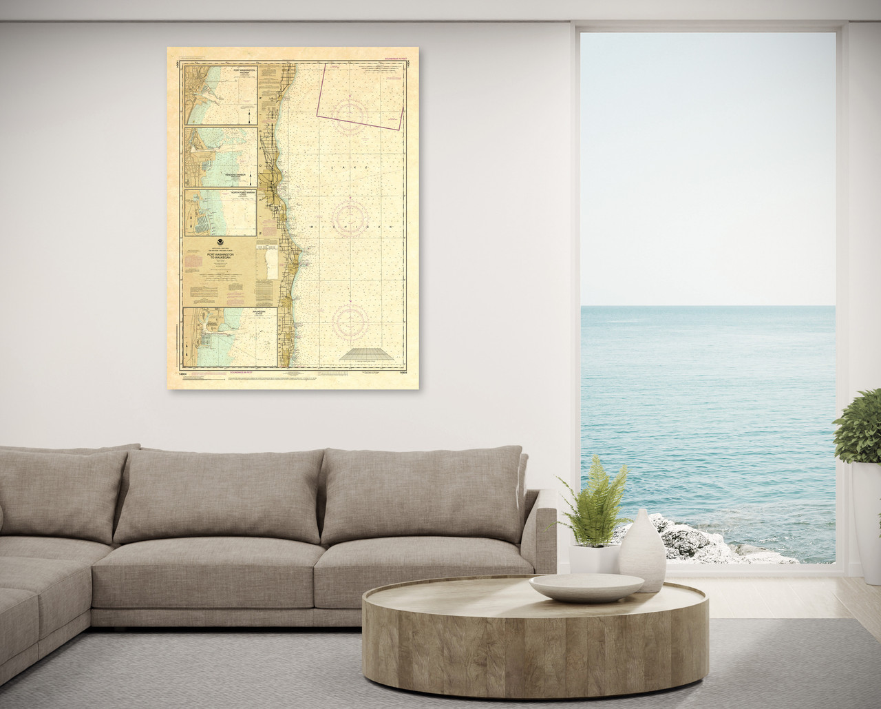 ANTIQUED NOAA Chart 14904: Port Washington to Waukegan; Kenosha; North Point Marina