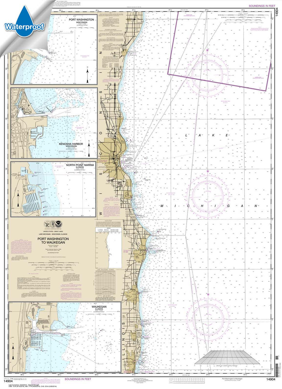 Waterproof NOAA Chart 14904: Port Washington to Waukegan;Kenosha;North Point Marina;Port Washington;Waukegan