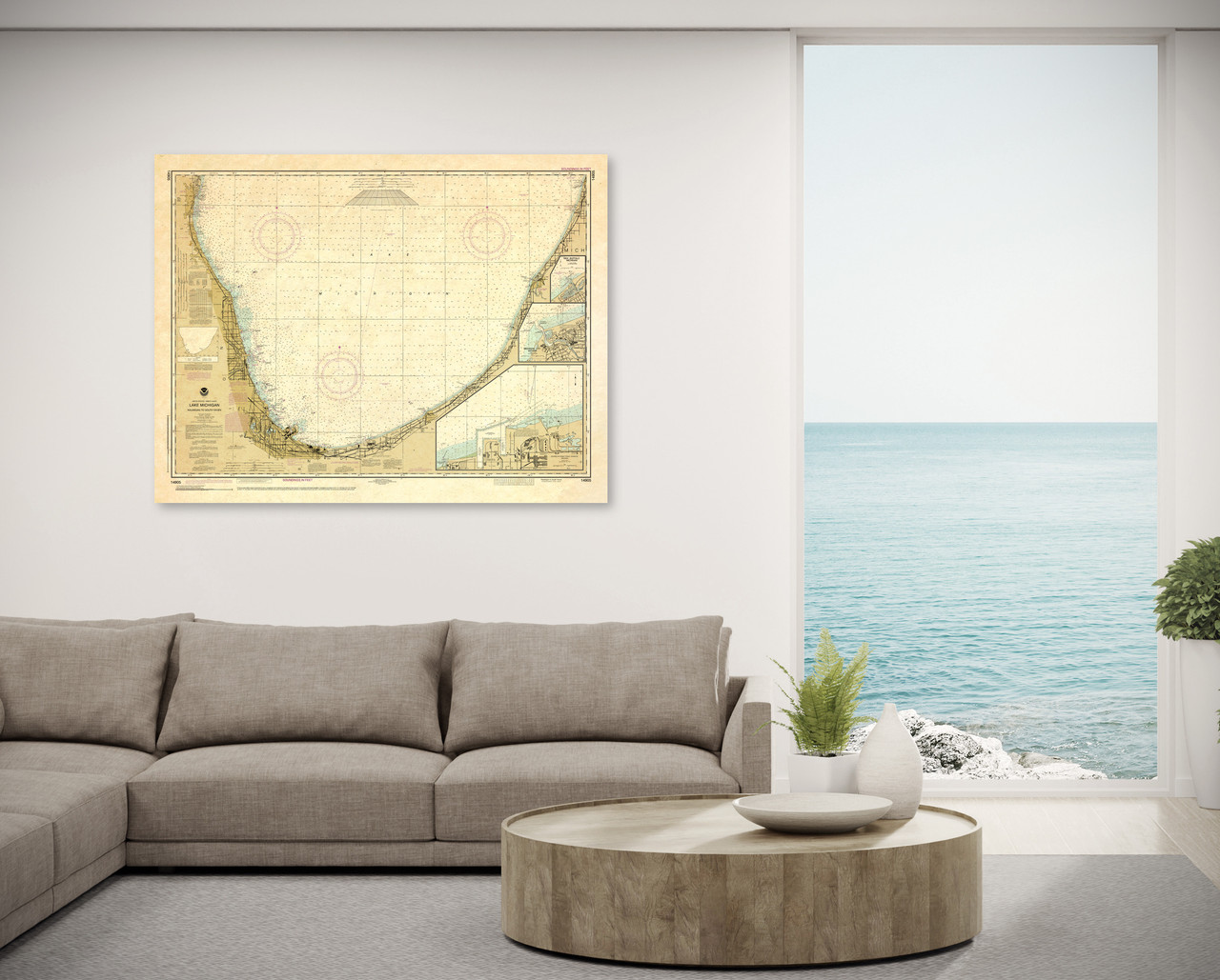ANTIQUED NOAA Chart 14905: Waukegan to South Haven; Michigan City; Burns International Harbor
