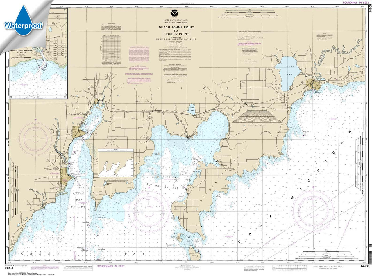 HISTORICAL WATERPROOF NOAA Chart 14908: Dutch Johns Point to Fishery Point: including Big Bay de Noc and Little Bay de Noc;Manistique