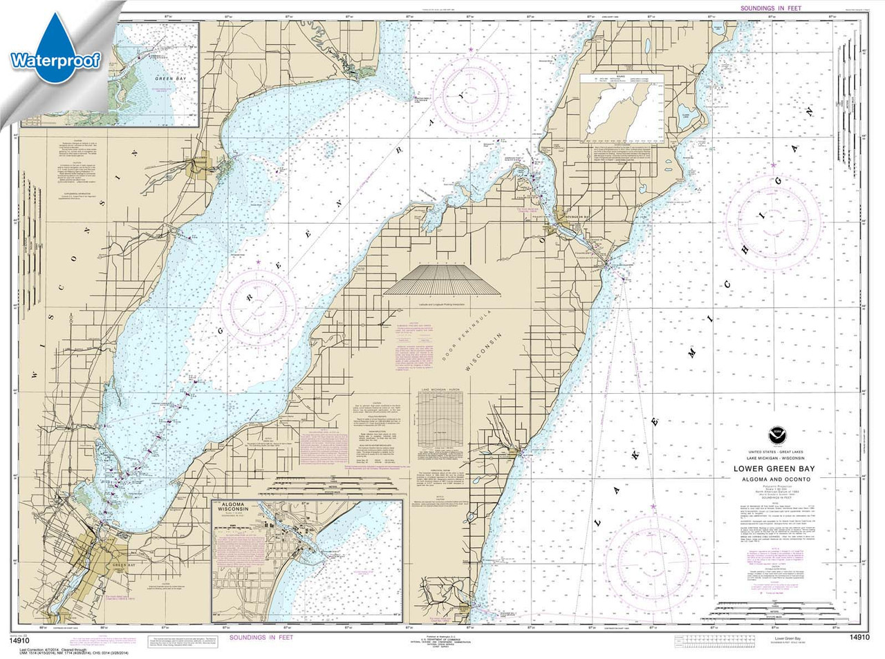 Waterproof NOAA Chart 14910: Lower Green Bay;Oconto Harbor;Algoma