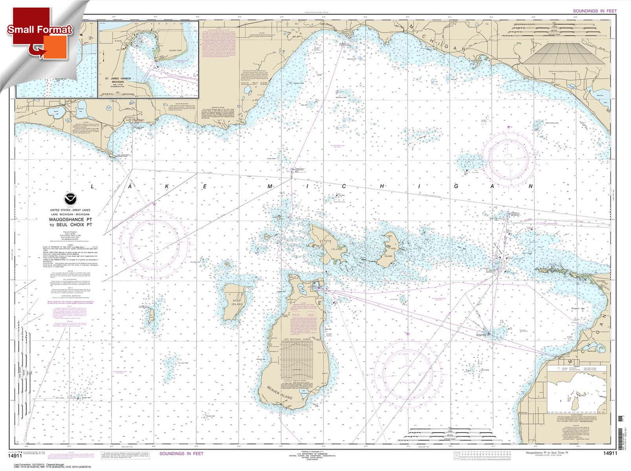 Small Format NOAA Chart 14911: Waugoshance Point to Seul Choix Point: including Beaver Island Group;Port Inland;Beaver Harbor