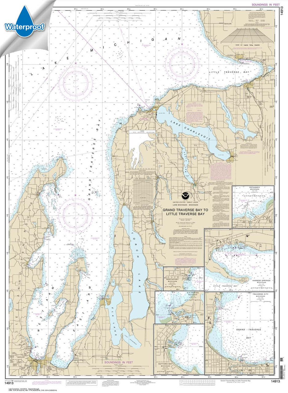 HISTORICAL WATERPROOF NOAA Chart 14913: Grand Traverse Bay to Little Traverse Bay;Harobr Springs;Petoskey;Elk Rapids;Suttons Bay;Northport;Traverse City