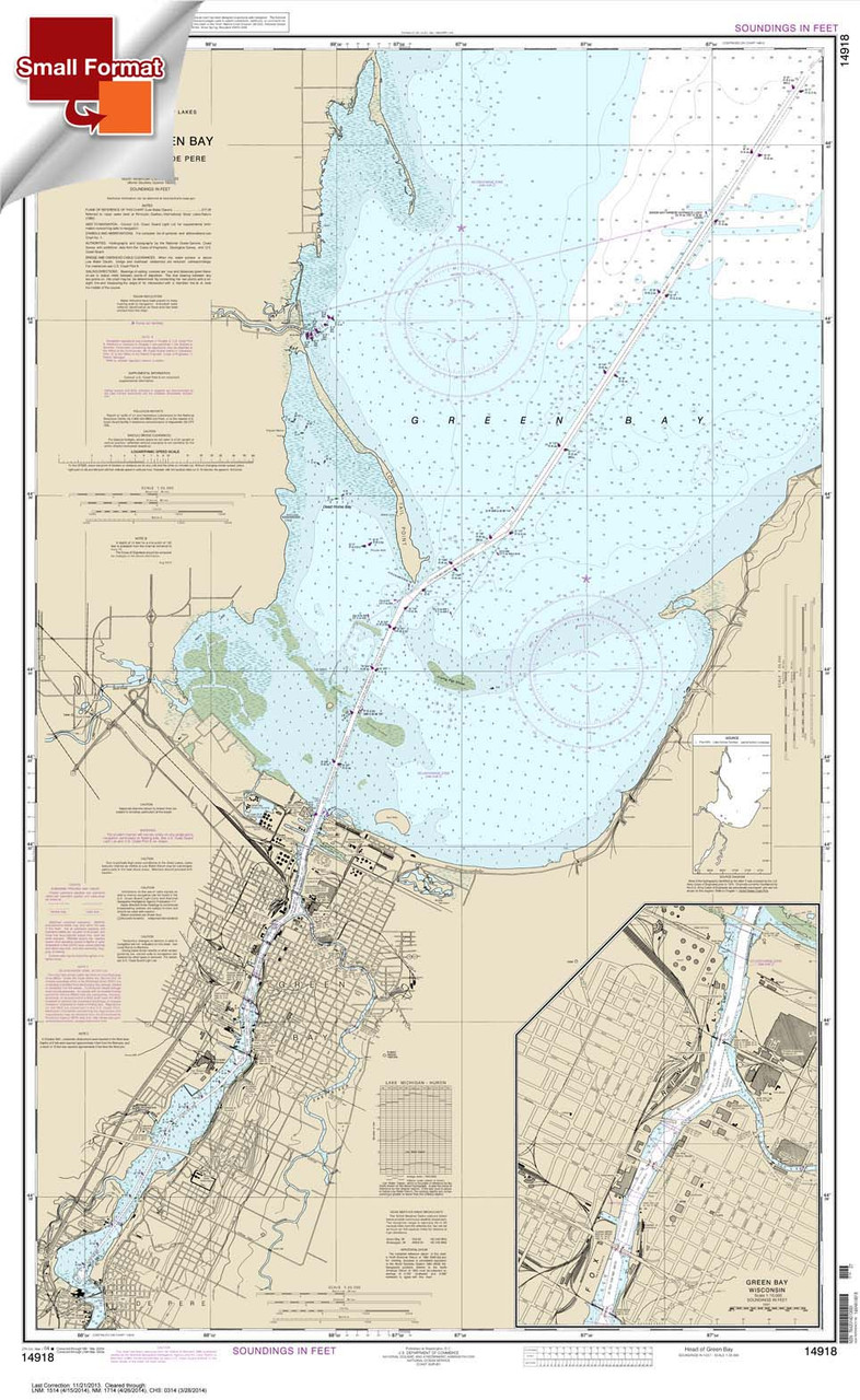 Small Format NOAA Chart 14918: Head of Green Bay: including Fox River below De Pere;Green Bay