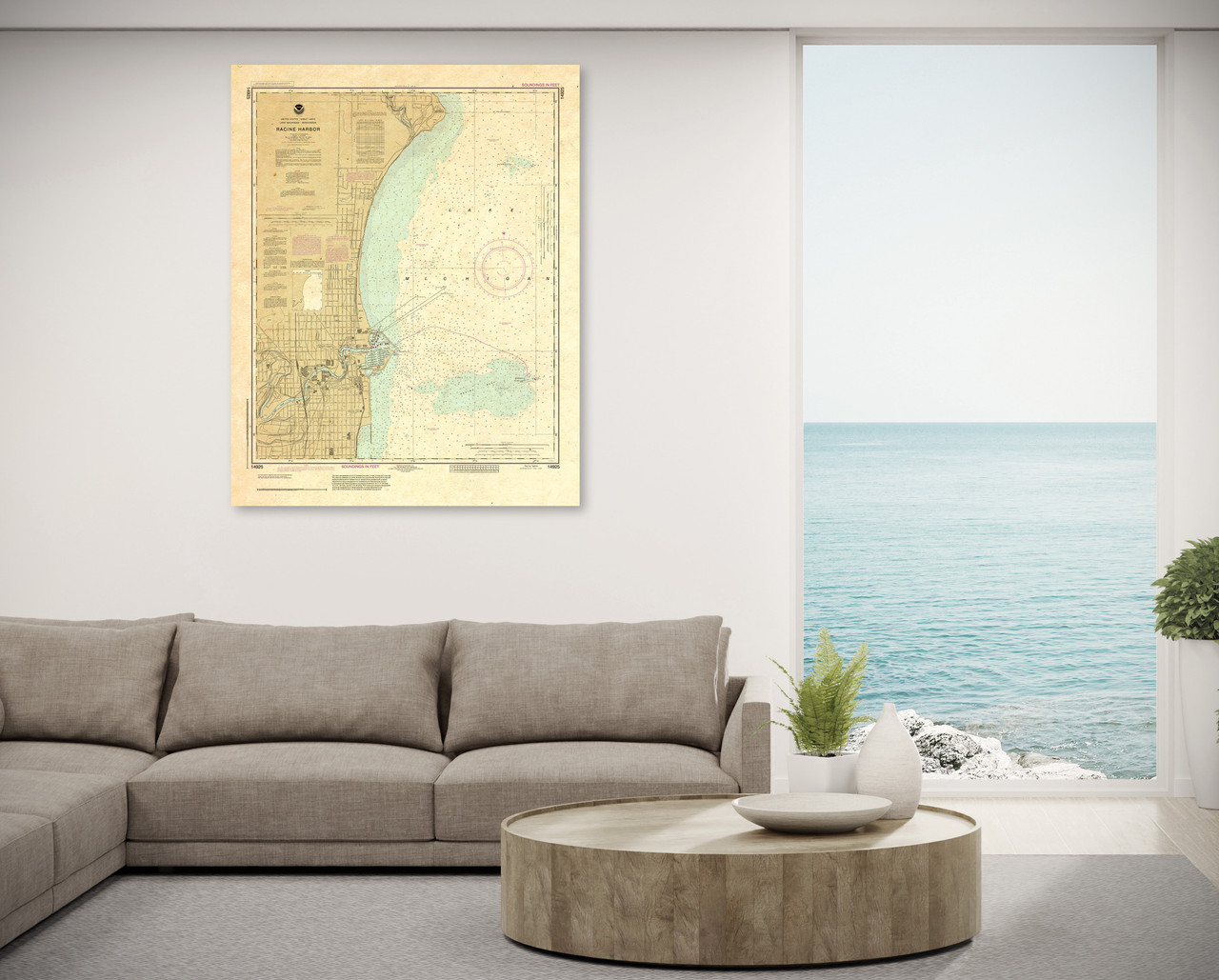 ANTIQUED NOAA Chart 14925: Racine Harbor