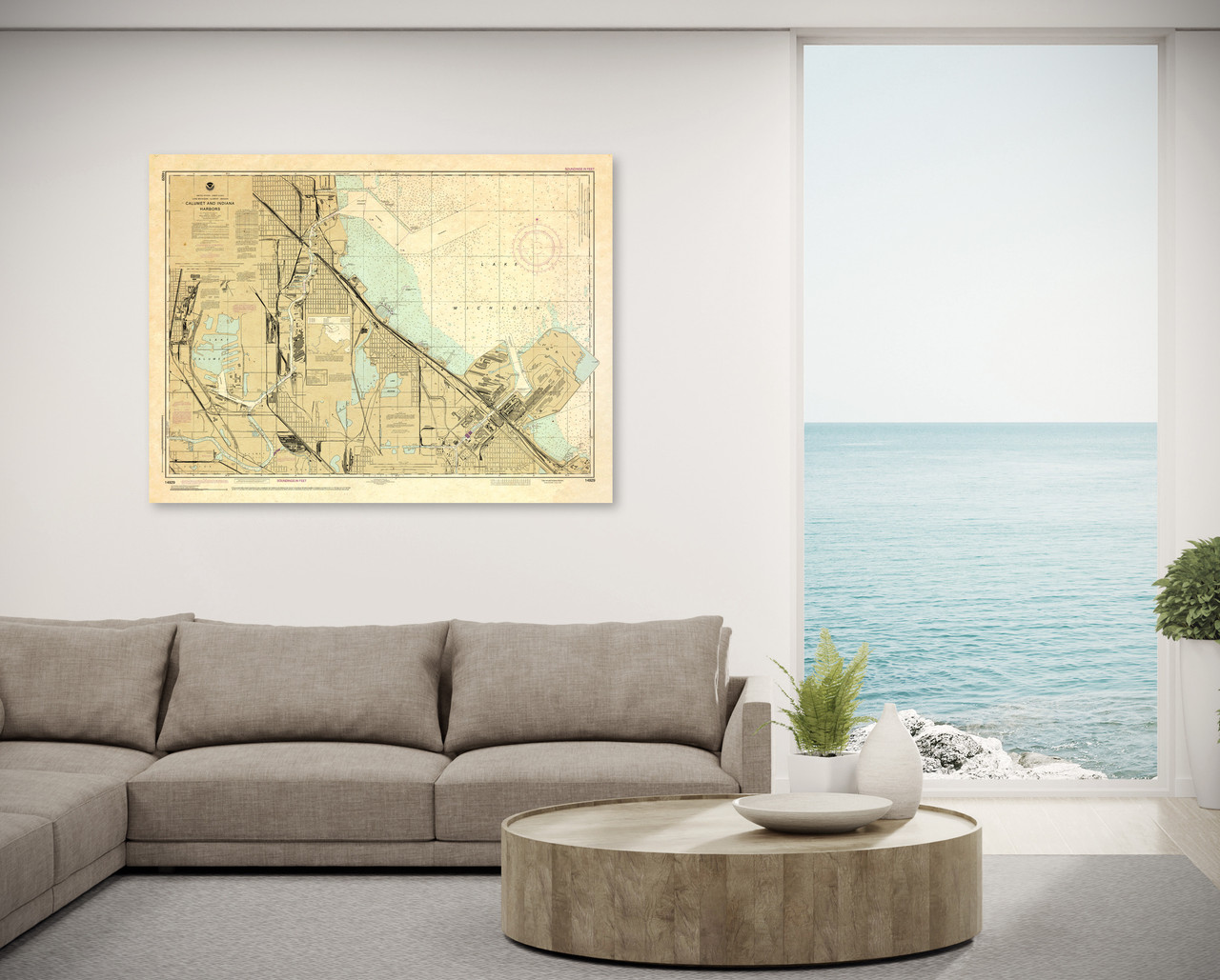 ANTIQUED NOAA Chart 14929: Calumet: Indiana and Buffington Harbors: and Lake Calumet