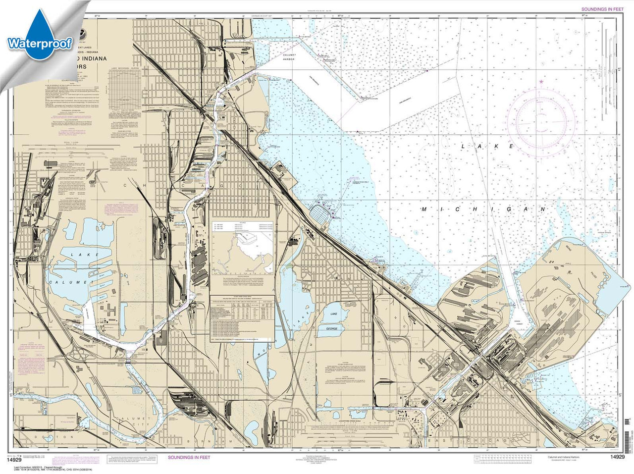 HISTORICAL WATERPROOF NOAA Chart 14929: Calumet: Indiana and Buffington Harbors: and Lake Calumet