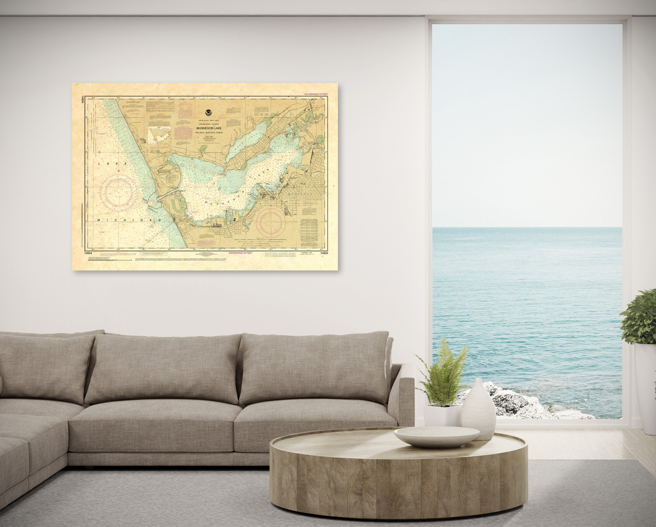 ANTIQUED NOAA Chart 14934: Muskegon Lake and Muskegon Harbor