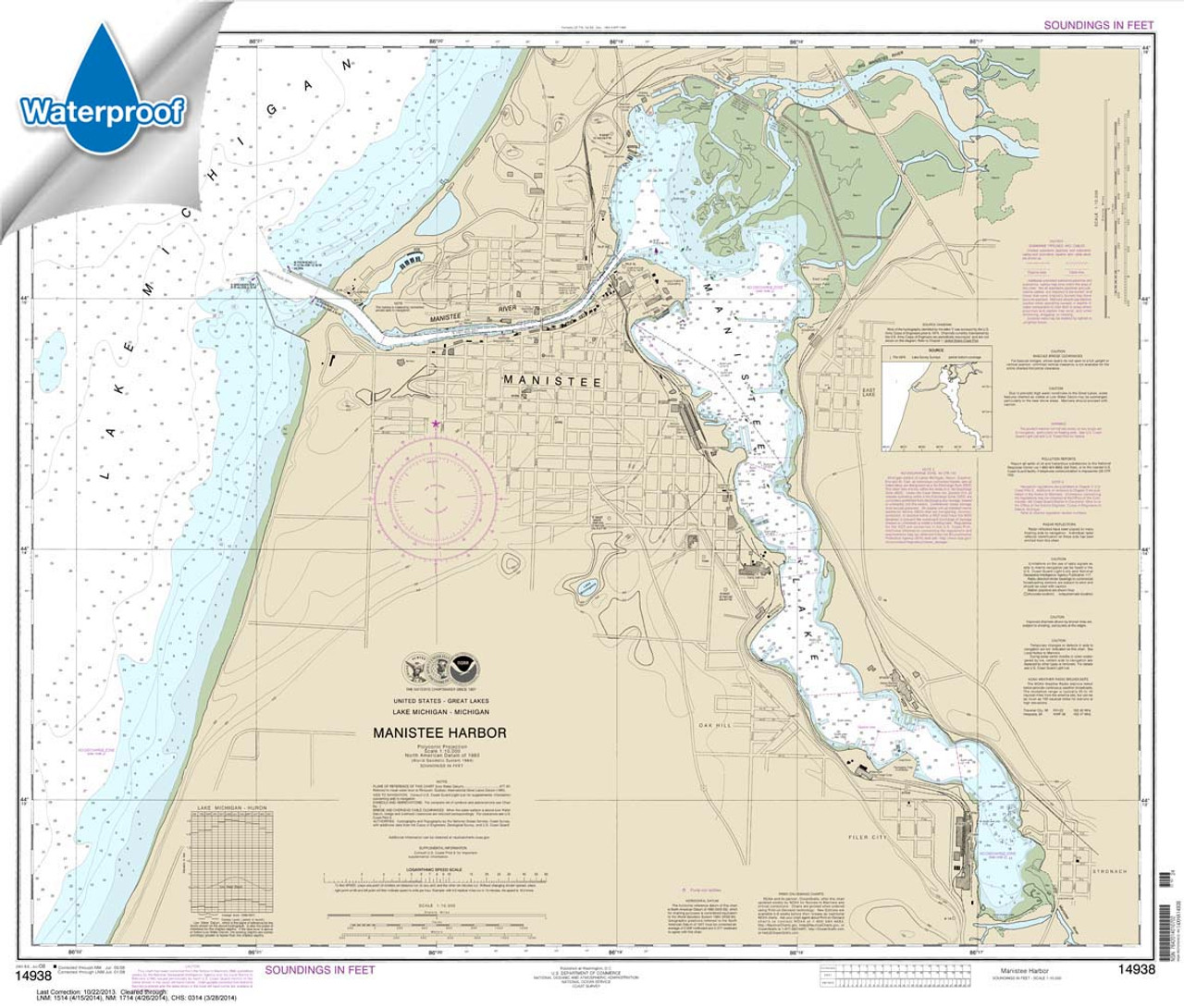 HISTORICAL WATERPROOF NOAA Chart 14938: Manistee Harbor and Manistee Lake