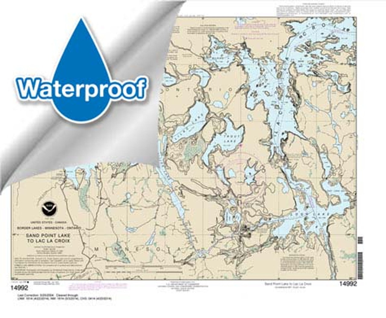 HISTORICAL Waterproof NOAA Chart 14992: Sand Point Lake to Lac la Croix: including Crane Lake and Little Vermilon Lake