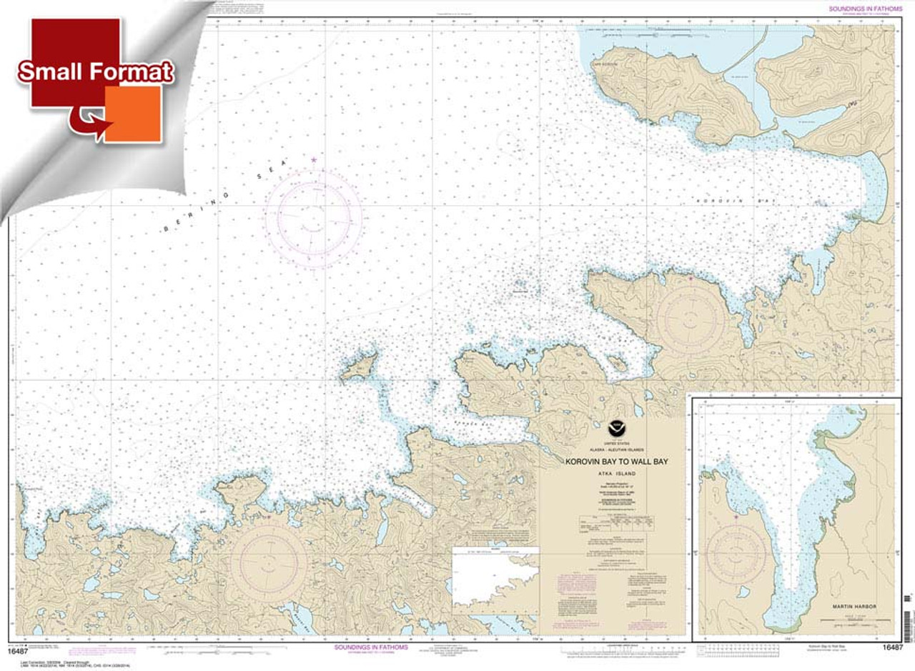 Small Format HISTORICAL NOAA Chart 16487: Korovin Bay to Wall Bay-Atka Island;Martin Harbor