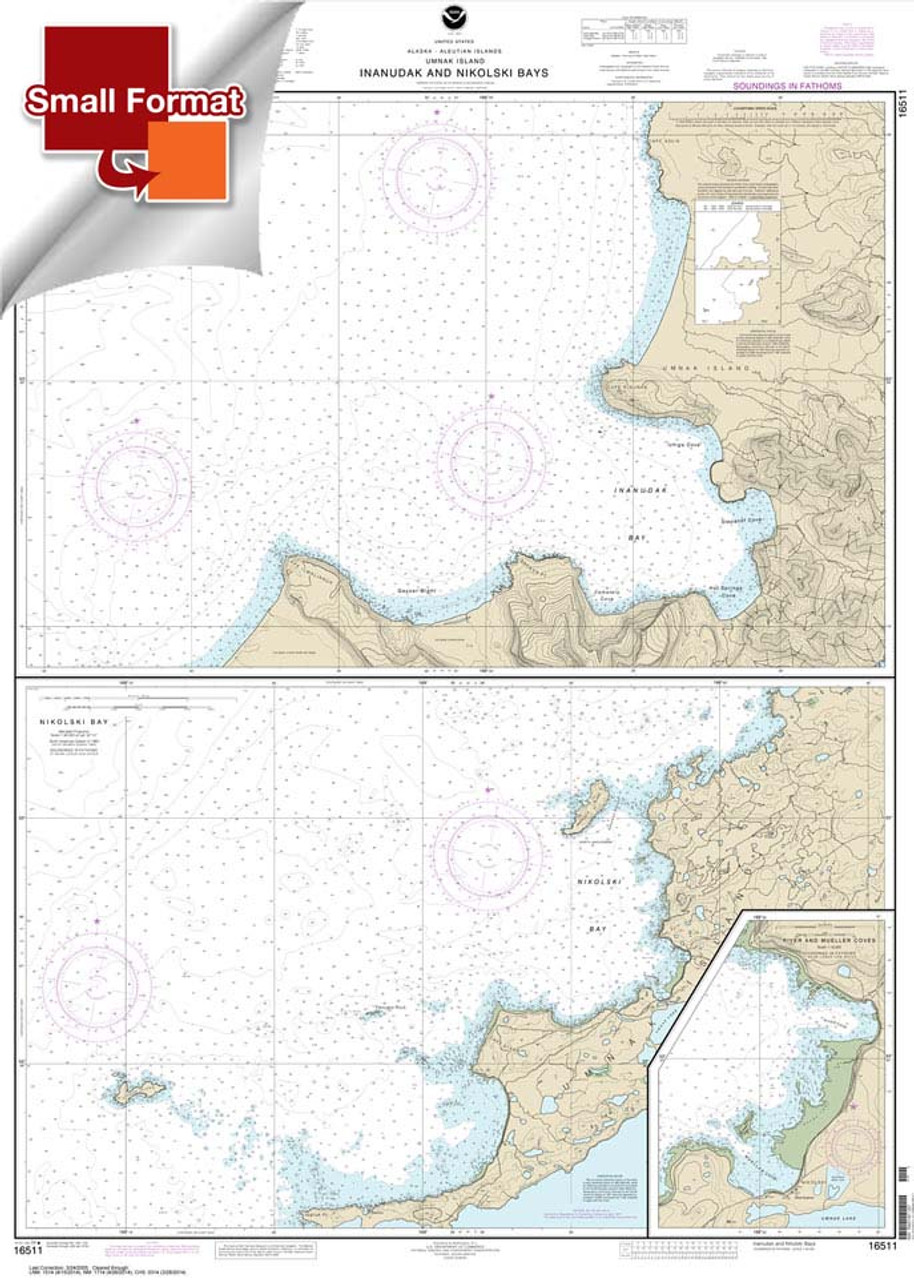 Small Format HISTORICAL NOAA Chart 16511: Inanudak Bay and Nikolski Bay: Umnak l.;River and Mueller Coves