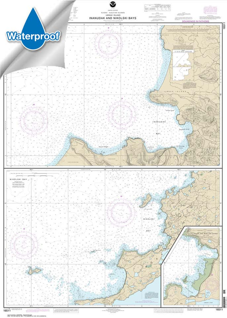 Waterproof HISTORICAL NOAA Chart 16511: Inanudak Bay and Nikolski Bay: Umnak l.;River and Mueller Coves