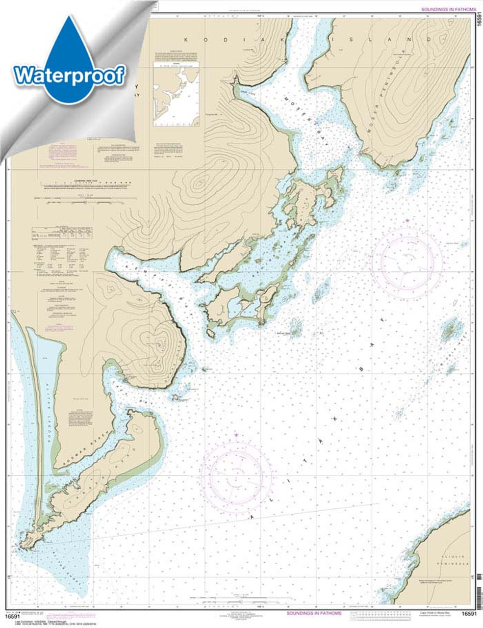 HISTORICAL WATERPROOF NOAA Chart 16591: Alitak Bay-Cape Alitak to Moser Bay