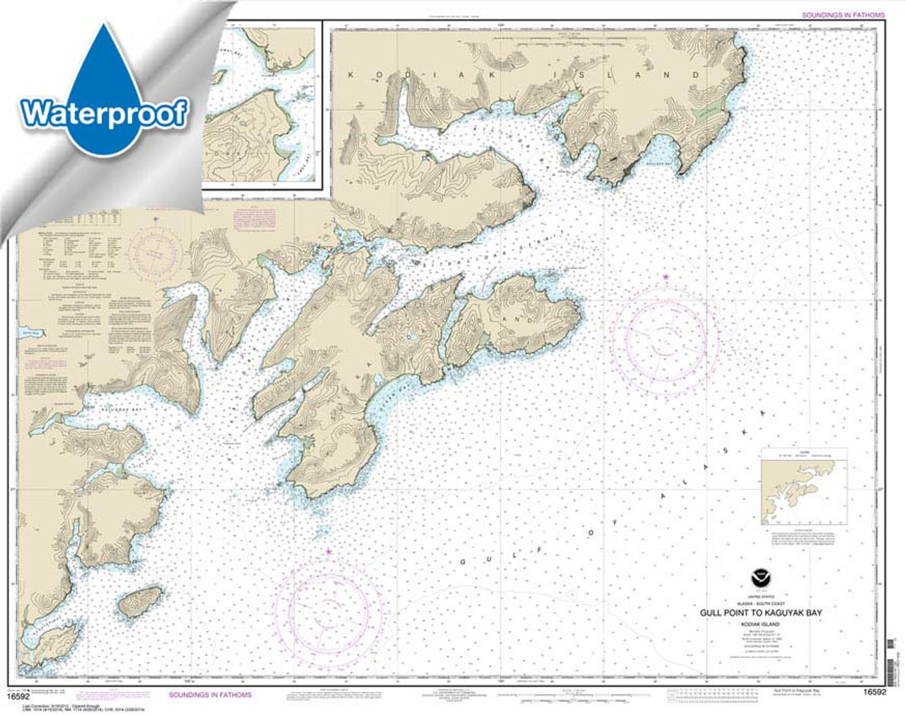 HISTORICAL WATERPROOF NOAA Chart 16592: Kodiak Island Gull Point to Kaguyak Bay;Sitkalidak Passage