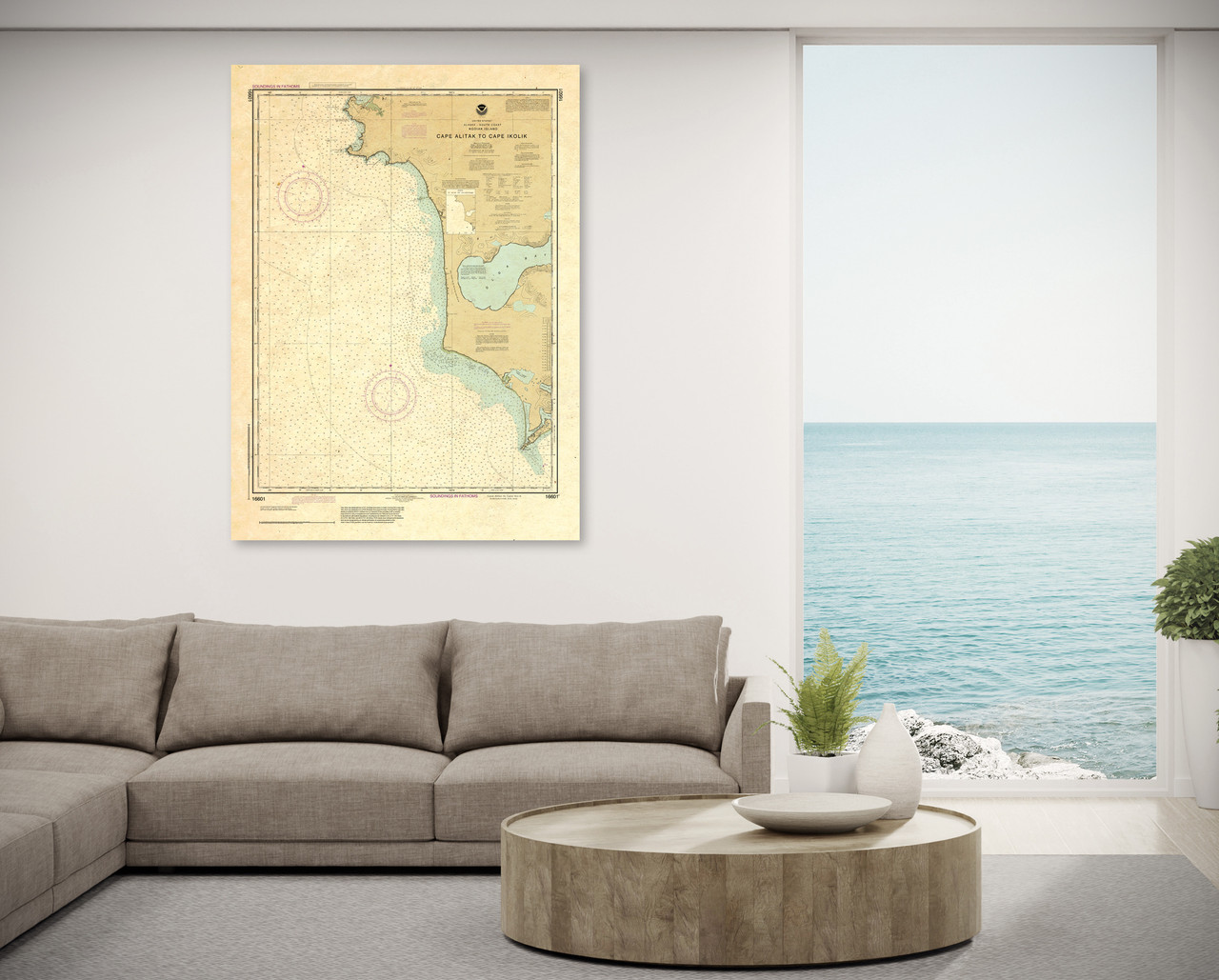 ANTIQUED NOAA Chart 16601: Cape Alitak to Cape lkolik