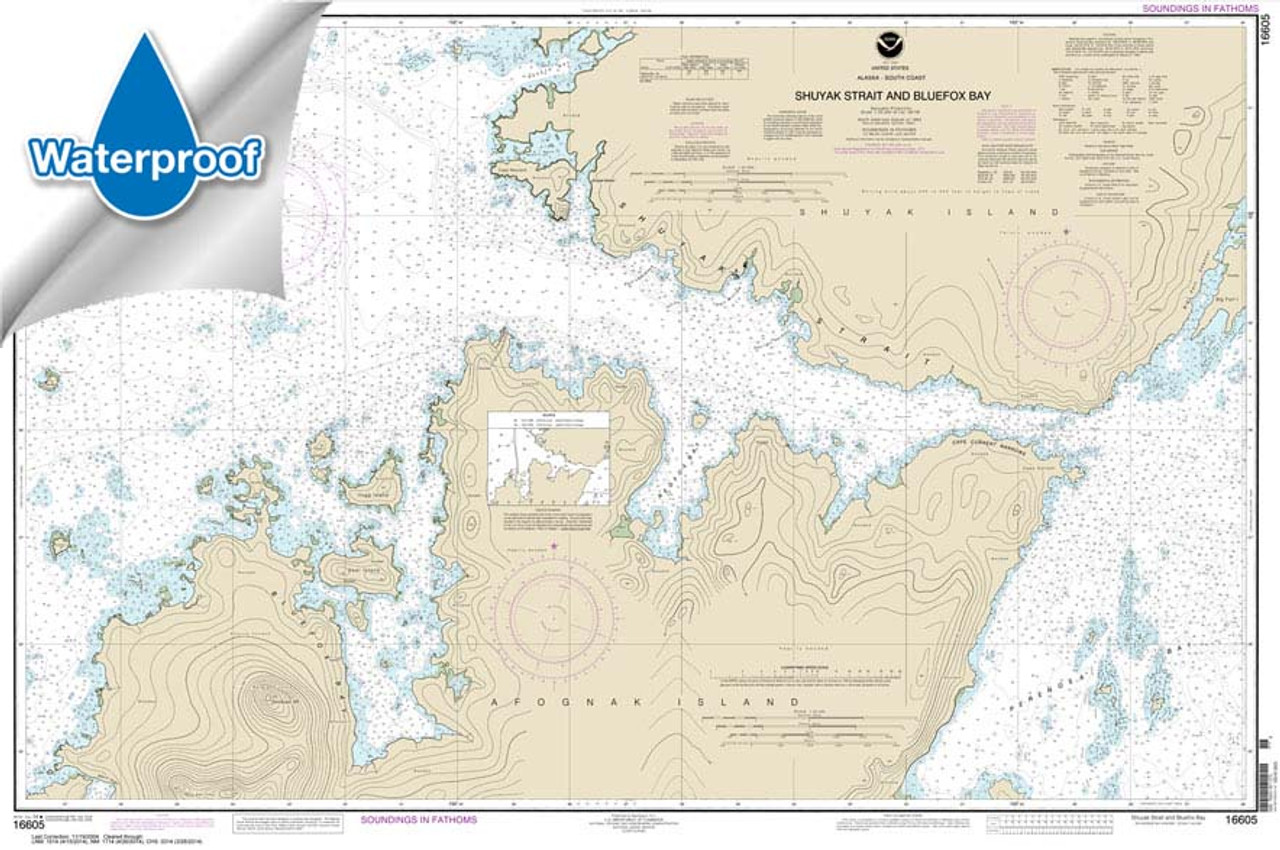 HISTORICAL WATERPROOF NOAA Chart 16605: Shuyak Strait and Bluefox Bay