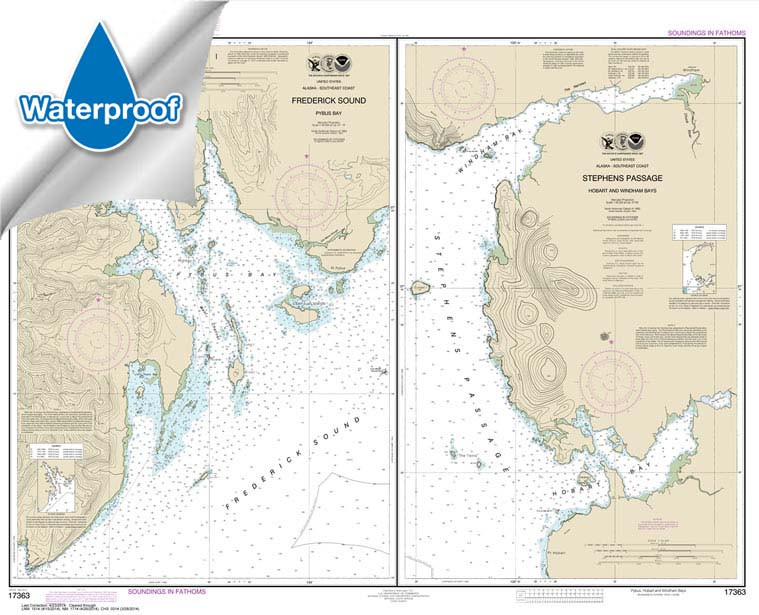 HISTORICAL WATERPROOF NOAA Chart 17363: Pybus Bay: Frederick Sound;Hobart and Windham Bays: Stephens P.