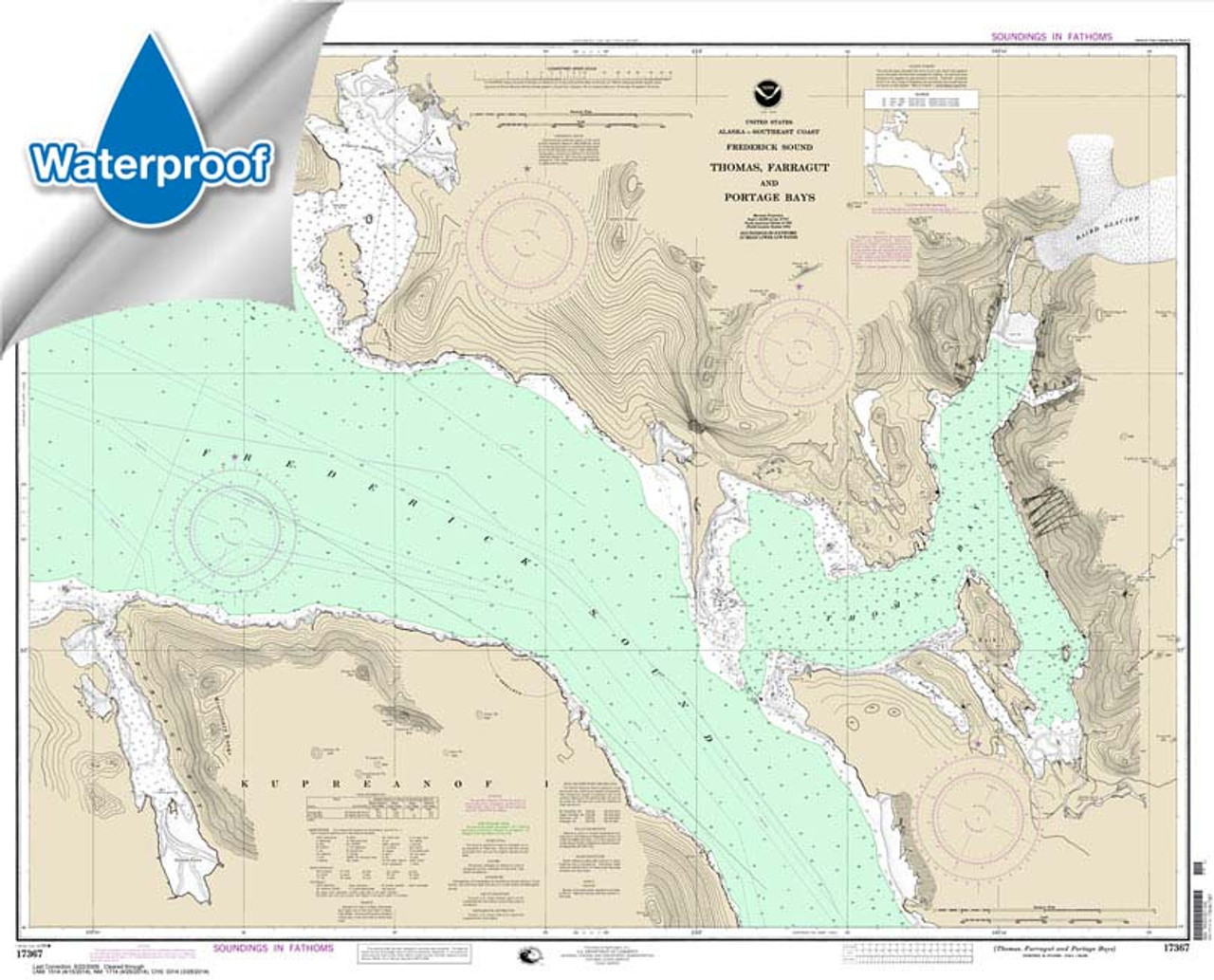 HISTORICAL WATERPROOF NOAA Chart 17367: Thomas: Farragut: and Portage Bays: Frederick Sound