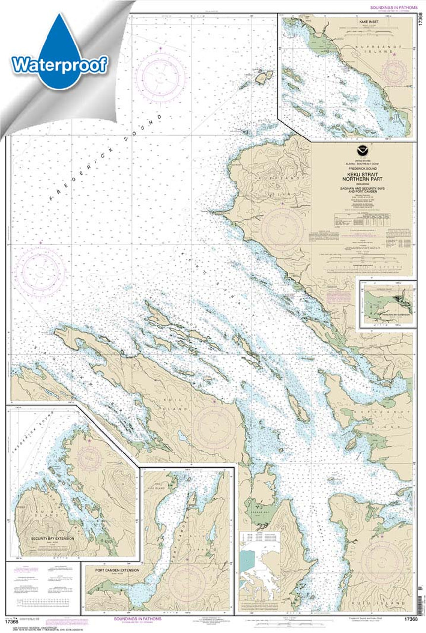 HISTORICAL WATERPROOF NOAA Chart 17368: Keku Strait-northern part: including Saginaw and Security Bays and Port Camden;Kake Inset