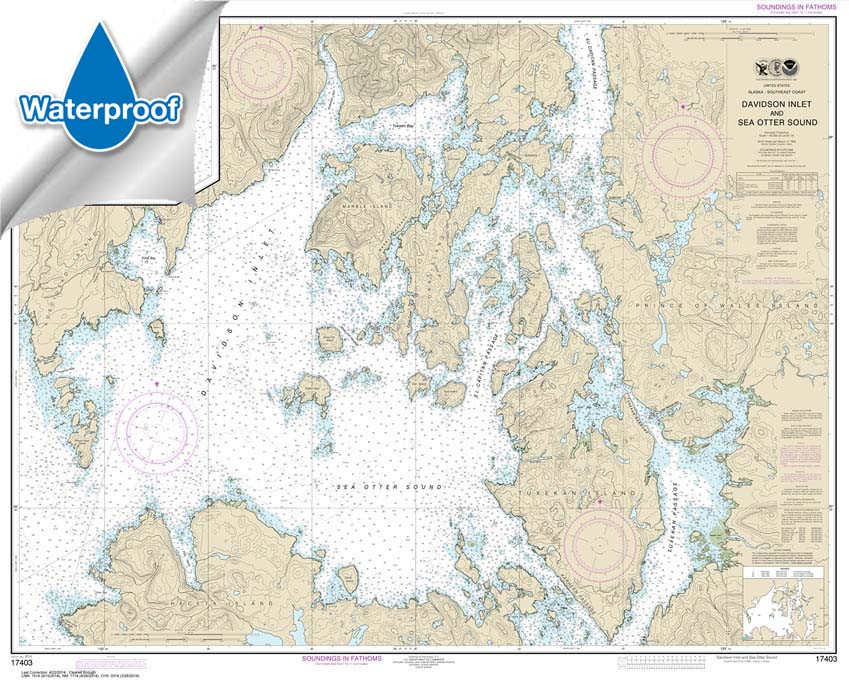 HISTORICAL WATERPROOF NOAA Chart 17403: Davidson Inlet and Sea Otter Sound;Edna Bay